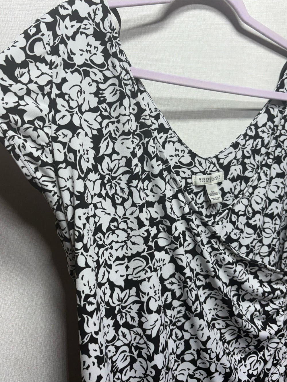 White House Black Market Black and White Floral Draped Blouse